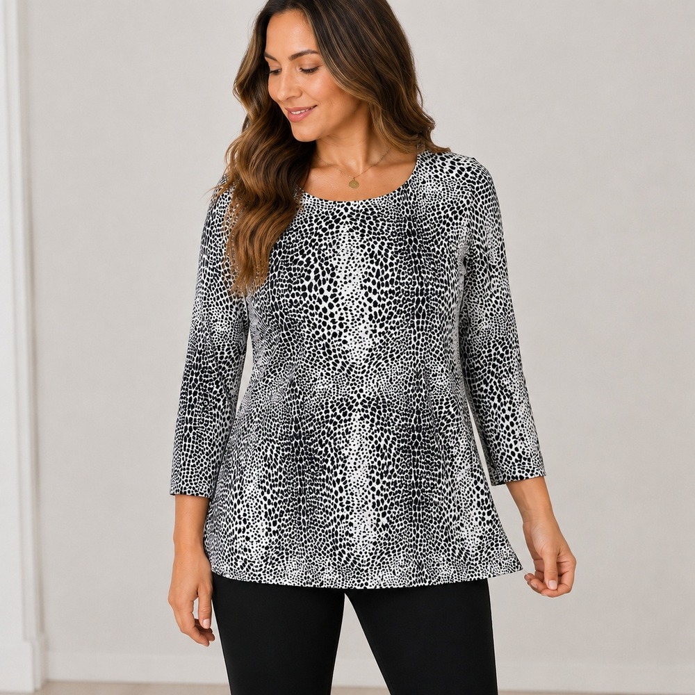 Chico's Black White Animal Print 3/4 Sleeve Cotton Stretch Top Size 3 XL